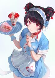 Rule 34 | 1girl, absurdres, apron, back bow, black hair, blue bow, blue dress, blue hairband, bow, cake, cake slice, cherry, cherry hair ornament, cherrypunchs, choker, double bun, dress, food, food-themed hair ornament, frilled dress, frills, from above, fruit, gradient background, hair bow, hair bun, hair ornament, hairband, hand up, heart, highres, holding, holding tray, long hair, looking at viewer, maid, maid apron, multicolored hair, original, parfait, pink eyes, red choker, red hair, short sleeves, sidelocks, simple background, smile, strawberry shortcake, streaked hair, tray, two-tone hair, white bow, wrist cuffs