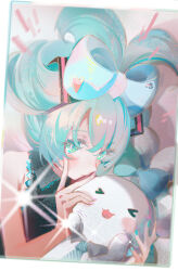 Rule 34 | &gt; &lt;, 1girl, absurdres, animal, aqua bow, aqua eyes, aqua hair, aqua nails, bare arms, bow, cinnamiku, cinnamoroll, commentary, grey shirt, hair bow, hair ornament, hatsune miku, heart, heart hair ornament, highres, holding, holding animal, looking at viewer, nail polish, necktie, official alternate hairstyle, rabbit, sanrio, shirt, sleeveless, sleeveless shirt, smile, solo focus, sparkle, twintails, updo, upper body, vocaloid, ying yi