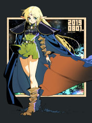 Rule 34 | 1girl, armor, blonde hair, blue cape, boots, breasts, cape, circlet, closed mouth, deedlit, dress, elf, green eyes, long hair, looking at viewer, pointy ears, record of lodoss war, sasaki tomomi, shoulder armor, smile, solo, very long hair