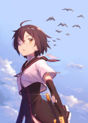 Rule 34 | 1girl, ahoge, animal, bandaged neck, bandages, bird, black dress, breasts, brown eyes, brown hair, cloud, crop top, day, dress, eyebrows, eyepatch, from side, glint, hair between eyes, katana, kinta (distortion), medical eyepatch, original, outdoors, parted lips, safety pin, sailor collar, sheath, sheathed, short hair, short sleeves, sky, small breasts, sparkle, sword, weapon, wind, zipper