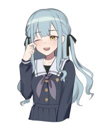 Rule 34 | 1girl, absurdres, bang dream!, bang dream! it&#039;s mygo!!!!!, black ribbon, black shirt, black skirt, blue hair, blush, chinese commentary, commentary request, grey neckerchief, hair ribbon, highres, long hair, long sleeves, lu guan, neckerchief, one eye closed, open mouth, pleated skirt, ribbon, sailor collar, school uniform, shirt, simple background, skirt, smile, solo, tearing up, tears, togawa sakiko, tsukinomori school uniform, two side up, white background, white sailor collar, wiping tears, yellow eyes