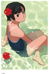 Rule 34 | 1girl, absurdres, arm support, barefoot, black eyes, black hair, blush, child, flower, from above, hair flower, hair ornament, hibiscus, highres, looking at viewer, looking up, one-piece swimsuit, original, partially submerged, scan, school swimsuit, short hair, sitting, smile, solo, swimsuit, takamichi, water, wet, aged down