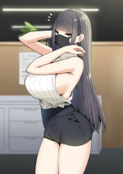 Rule 34 | 1girl, aimi (sky-freedom), bare arms, bare shoulders, black hair, black shorts, blunt bangs, blurry, blurry background, breasts, covered mouth, hands up, highres, indoors, joshi kousei rich thots, large breasts, looking at viewer, mask, mouth mask, original, purple eyes, shirt tucked in, shorts, sky-freedom, sleeveless, solo, thighs