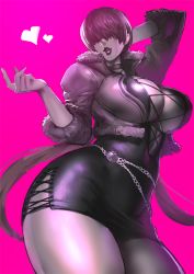 Rule 34 | 1girl, arm behind head, black dress, black shirt, blouse, blush, breasts, cleavage, cowboy shot, dress, fighting stance, fur trim, hair over eyes, jacket, kisuu, large breasts, lips, pink background, shermie (kof), shirt, simple background, snk, solo, the king of fighters, the king of fighters xv, thighs