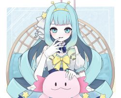 Rule 34 | 1girl, arm garter, axolotl, blonde hair, blue bow, blue bowtie, blue eyes, blue hair, bow, bowtie, commission, dress, finger to mouth, frilled dress, frills, gloves, gradient hair, hair ornament, hair ribbon, hairband, highres, jelly hoshiumi, jewelry, long hair, multicolored hair, n yu i, phase connect, ribbon, ring, second-party source, skeb commission, star (symbol), star hair ornament, two-tone dress, white dress, white gloves, white ribbon, yellow bow, yellow hairband