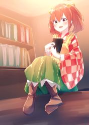 Rule 34 | 1girl, apron, bell, blush, book, boots, brown eyes, brown footwear, brown hair, checkered clothes, checkered kimono, dated, full body, hair bell, hair ornament, highres, holding, holding book, japanese clothes, kimono, kisamu (ksmz), long sleeves, looking at viewer, motoori kosuzu, open mouth, shelf, sitting, solo, touhou, twintails, wide sleeves, yellow apron