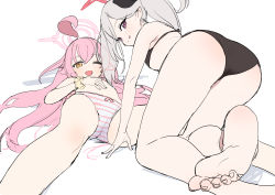 Rule 34 | 2girls, absurdres, ahoge, all fours, arm support, ass, barefoot, black bra, black panties, blue archive, bow, bow panties, bra, commentary request, dorontabi, eyelashes, fang, feet, flat chest, foot focus, grey hair, half-closed eyes, halo, hand on own stomach, highres, hoshino (blue archive), legs, lingerie, long hair, lying, multiple girls, mutsuki (blue archive), on bed, one eye closed, open mouth, panties, pink bra, pink hair, pink panties, pointy ears, ponytail, purple eyes, scrunchie, smile, soles, spread legs, stomach, striped clothes, striped panties, thighs, toes, tongue, tongue out, underwear, white background, wrist scrunchie, yellow eyes, yellow scrunchie