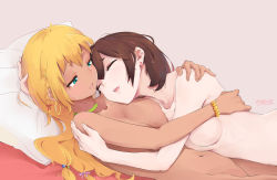Rule 34 | 2girls, aftersex, artist name, blonde hair, blue eyes, bracelet, braid, breast press, breasts, brown hair, choker, collarbone, commentary request, crying, crying with eyes open, earrings, closed eyes, fingernails, green choker, hair ribbon, hand on another&#039;s head, hand on another&#039;s shoulder, head on pillow, highres, hoop earrings, hug, jewelry, long hair, looking at another, lying, medium breasts, multiple girls, navel, on back, on bed, on person, open mouth, original, pillow, purple ribbon, red ribbon, ribbon, simple background, sleeping, star-kiss, tears, yuri