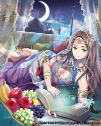 Rule 34 | 1girl, apple, armlet, banana, bare shoulders, barefoot, book, bracelet, breasts, brown hair, circlet, cleavage, cleavage cutout, clothing cutout, dress, feet, food, fruit, grapes, green eyes, hair ornament, ice (ice aptx), jewelry, long hair, lying, midriff, navel, on side, skirt, smile, solo, tenkuu no crystalia, toe ring, toes, veil