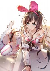 Rule 34 | 1girl, 3:, 77gl, bare shoulders, blue eyes, boots, bow, breasts, brown hair, cleavage, collarbone, detached sleeves, hair bow, hairband, kizuna ai, kizuna ai inc., long hair, looking at viewer, medium breasts, midriff, multicolored hair, off shoulder, pink hair, short shorts, shorts, sidelocks, sleeves past wrists, solo, streaked hair, thigh boots, thighhighs, virtual youtuber, white thighhighs