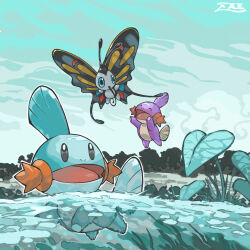 Rule 34 | ^ ^, alternate color, animal focus, aqua eyes, beautifly, closed eyes, commentary request, creatures (company), game freak, gen 3 pokemon, jumping, leaf, looking up, mudkip, nintendo, no humans, open mouth, outdoors, oyasuminjyutsu, partially underwater shot, pokemon, pokemon (creature), shiny and normal, shiny pokemon, swimming, tongue, water