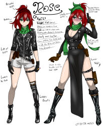 Rule 34 | absurdres, bandana, belt, blush, boots, breasts, character sheet, cleavage, cpt.tester works, cross, cross necklace, dress, freckles, full body, gloves, green eyes, green scarf, gun, handgun, highres, jacket, jewelry, knee boots, leather, leather jacket, looking at viewer, medium breasts, medium hair, necklace, pistol, red hair, rose (cpt.tester), scarf, thighs, weapon