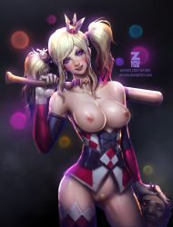 Rule 34 | 1boy, 1girl, alternate costume, bare shoulders, baseball bat, batman (series), blonde hair, blue eyes, blue hair, breastless clothes, breasts, choker, cleavage, contrapposto, corset, cowboy shot, crown, dc comics, disembodied head, earrings, elbow gloves, gloves, grabbing another&#039;s hair, gradient background, gradient hair, harley quinn, head tilt, highres, holding head, jewelry, large breasts, long hair, makeup, matching hair/eyes, mini crown, multicolored hair, nipples, nose, over shoulder, panties, pink hair, pubic hair, revealing clothes, single thighhigh, smile, solo focus, standing, suicide squad, thighhighs, twintails, uncensored, underwear, weapon, weapon over shoulder, white panties, zeronis