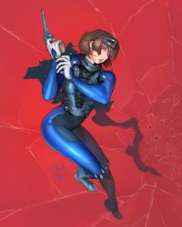 Rule 34 | 1girl, a.b.singh, bodysuit, braid, brown hair, bullet hole, crack, cracked glass, crown braid, full body, gloves, gun, handgun, highres, laces, lips, niijima makoto, persona, persona 5, red background, red eyes, revolver, scarf, short hair, shoulder spikes, solo, spikes, steel mask, toned, weapon, white gloves