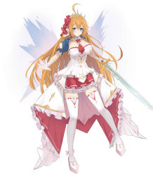 Rule 34 | 1girl, absurdres, ahoge, between breasts, blonde hair, blue eyes, breasts, cleavage, closed mouth, commentary request, cowlick, dress, frilled dress, frilled skirt, frilled sleeves, frills, full body, gloves, gold trim, hair between eyes, hair ornament, highres, holding, holding sword, holding weapon, kuyoumi, large breasts, legs apart, necktie, pecorine (princess) (princess connect!), pecorine (princess connect!), princess connect!, puffy short sleeves, puffy sleeves, red necktie, red skirt, shiny skin, short sleeves, shrug (clothing), simple background, skirt, solo, standing, sword, thighhighs, tiara, v-shaped eyebrows, veil, weapon, white background, white dress, white gloves, wings, ||/