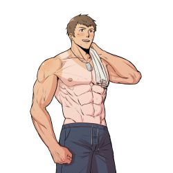 Rule 34 | 1boy, abs, bad id, bad pixiv id, bara, brown hair, clenched hand, dog tags, idolmaster, idolmaster side-m, jewelry, looking at viewer, male focus, muscular, muscular male, nipples, open mouth, pectorals, purple eyes, shingen seiji, short hair, smile, solo, sweat, tan, tanline, teeth, topless male, wanggamza