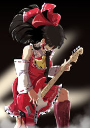 Rule 34 | 1girl, black background, black hair, boots, bow, dress, electric guitar, fog, guitar, hair ornament, hakurei reimu, highres, instrument, japanese clothes, long hair, miko, music, playing instrument, red dress, red footwear, sakamoto fred, solo, touhou, wavy hair
