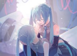 Rule 34 | 2girls, aqua hair, aqua necktie, arm around back, bare shoulders, black skirt, black sleeves, black thighhighs, blurry, blurry background, broken glass, cable, clone, closed eyes, commentary, detached sleeves, glass, grey shirt, hand on another&#039;s head, hatsune miku, highres, lifting person, long hair, mi no take, miniskirt, multiple girls, necktie, open mouth, pleated skirt, shirt, shoulder tattoo, skirt, sleeveless, sleeveless shirt, smile, stasis tank, symbol-only commentary, tattoo, thighhighs, twintails, very long hair, vocaloid, zettai ryouiki
