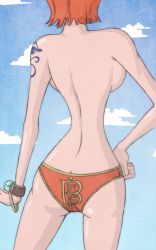 Rule 34 | 1girl, ass, back, backboob, bare legs, blue sky, bracelet, breasts, butt crack, cloud, cloudy sky, day, duskchant, hand on own hip, head out of frame, jewelry, large breasts, legs, log pose, looking away, nami (one piece), one piece, orange hair, orange panties, panties, short hair, sky, solo, standing, tattoo, thighs, topless, underwear