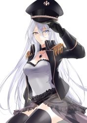 Rule 34 | 1girl, arm behind back, black choker, black gloves, black hat, black jacket, black lobelia, black lobelia (cosplay), black thighhighs, blue eyes, breasts, choker, closed mouth, collarbone, cosplay, dress, feet out of frame, gloves, hand on headwear, hat, heterochromia, highres, jacket, jewelry, kitagawa marin, long hair, long sleeves, looking at viewer, medium breasts, military hat, necklace, official alternate costume, open clothes, open jacket, peaked cap, red eyes, sitting, solo, sono bisque doll wa koi wo suru, suprii, thighhighs, thighs, white background, white dress, white hair