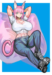 Rule 34 | 1girl, abs, absurdres, animal ears, arms behind head, bell, blush, breasts, cat ears, cat girl, cat tail, choker, cleavage, commission, denim, fang, ghgnvm, green eyes, highres, jeans, large breasts, muscular, muscular female, neck bell, original, pants, pillow, pink hair, pixiv commission, short hair, solo, tail