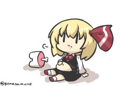 Rule 34 | 1girl, absurdres, among us, black skirt, black vest, blonde hair, blood, blood on face, bone, chibi, commentary request, goma (gomasamune), hair between eyes, hair ribbon, highres, long sleeves, navel, necktie, open mouth, ribbon, rumia, shadow, short hair, sitting, skirt, solo, stomach bulge, touhou, twitter username, vest, white background
