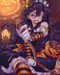 Rule 34 | 1girl, absurdres, alternate costume, black hair, blush, bucket, candy, candy cane, elbow gloves, filia (skullgirls), food, frilled skirt, frills, gloves, halloween costume, hat, highres, lantern, lollipop, long hair, open mouth, purple hair, red eyes, samson (skullgirls), skirt, skullgirls, solo, striped clothes, striped thighhighs, supacreams, thighhighs, trick or treat, wand