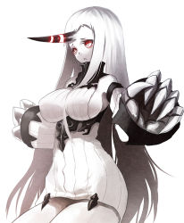 Rule 34 | 10s, 1girl, abyssal ship, bad id, bad pixiv id, breasts, catocala, claws, detached sleeves, dress, horns, kantai collection, large breasts, long hair, pale skin, red eyes, ribbed dress, seaport princess, short dress, sideboob, simple background, single horn, solo, white background, white hair