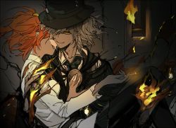 Rule 34 | 1boy, 1girl, carrying, cigarette, edmond dantes (fate), fate/grand order, fate (series), fire, fujimaru ritsuka (female), long sleeves, open mouth, orange hair, princess carry, scrunchie, side ponytail, smile, suou (sdurorhr), wavy hair, yellow eyes