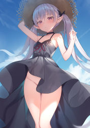 Rule 34 | 1girl, alexmaster, arm up, bare arms, bare shoulders, black choker, black dress, blue sky, choker, closed mouth, cloud, day, dress, groin, hair ornament, hand up, hat, highres, long hair, looking at viewer, no panties, original, outdoors, pointy ears, red eyes, silver hair, sky, sleeveless, sleeveless dress, solo, spaghetti strap, standing, straw hat, thighs, twintails