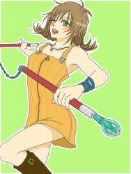 Rule 34 | 1990s (style), 1girl, boots, breasts, brown hair, final fantasy, final fantasy viii, flipped hair, green eyes, jewelry, necklace, open mouth, selphie tilmitt, short hair, skirt, smile, solo, yellow skirt