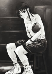 Rule 34 | 1girl, black eyes, black hair, boxing, boxing gloves, boxing ring, breasts, casual nudity, closed mouth, collarbone, dark background, dot mouth, greyscale, large breasts, legs, long hair, looking at viewer, monochrome, nipples, pants, purintai, shoes, shorts, sitting, socks, solo, topless