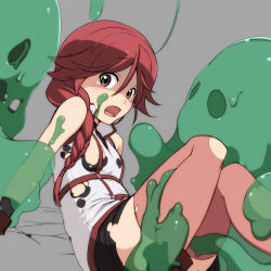 Rule 34 | 10s, 1girl, bad id, bad pixiv id, blush, braid, breasts, brown eyes, covered erect nipples, gloves, hai to gensou no grimgar, highres, imminent rape, long hair, looking at viewer, open mouth, red hair, scared, shorts, single braid, slime (creature), slime (substance), small breasts, takeda yukimura, tears, thighhighs, torn clothes, yume (grimgar)
