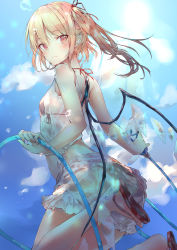Rule 34 | 1girl, ass, bare arms, bare legs, bare shoulders, bikini, black bikini, blonde hair, blue sky, blush, breasts, cloud, commentary request, crystal, day, feet out of frame, flandre scarlet, hair between eyes, hair ribbon, highres, holding, hose, long hair, looking back, no headwear, one side up, outdoors, pointy ears, red eyes, red footwear, red ribbon, ribbon, sakusyo, sandals, see-through, shirt, sidelocks, sky, slit pupils, small breasts, solo, swimsuit, thighs, touhou, water drop, wet, wet clothes, wet shirt, white shirt, wings