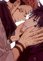 Rule 34 | 2boys, arm tattoo, black hair, black scarf, blue eyes, buttons, commentary request, crying, crying with eyes open, extra eyes, eye contact, facial tattoo, fingernails, fushiguro megumi, hair between eyes, hands on another&#039;s face, high collar, jacket, japanese clothes, jujutsu kaisen, kimono, long sleeves, looking at another, male focus, multiple boys, nori20170709, parted lips, pink hair, red eyes, ryoumen sukuna (jujutsu kaisen), scarf, sharp fingernails, short hair, simple background, spiked hair, tattoo, tears, undercut, white background, white kimono, yaoi
