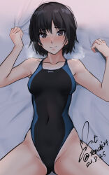 Rule 34 | 1girl, amagami, bed sheet, black eyes, black hair, black one-piece swimsuit, blue one-piece swimsuit, bob cut, breasts, closed mouth, collarbone, competition swimsuit, covered navel, dated, highleg, highleg swimsuit, highres, light smile, looking at viewer, lying, medium breasts, nanasaki ai, on back, one-piece swimsuit, sheet grab, short hair, signature, solo, swimsuit, two-tone swimsuit, yoo tenchi