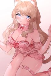 Rule 34 | 1girl, :o, animal ear fluff, animal ears, arms up, blue eyes, blurry, bow, breasts, brown hair, cat ears, cat girl, cat tail, chemise, cleavage, depth of field, detached sleeves, earrings, hair ornament, heart, heart hair ornament, highres, indie virtual youtuber, jewelry, kneeling, large breasts, long hair, looking at viewer, multicolored eyes, necklace, panties, pink eyes, sakurai hana, shiguri, shoes, slippers, solo, swept bangs, tail, thigh strap, underwear, virtual youtuber