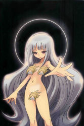 Rule 34 | 1girl, bare shoulders, black background, breasts, censored, flat chest, iron maiden jeanne, long hair, navel, novelty censor, nude, pink eyes, shaman king, silver hair, very long hair