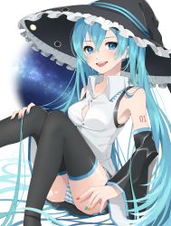 Rule 34 | 1girl, absurdres, aqua eyes, aqua hair, aqua nails, bare shoulders, black skirt, black sleeves, black thighhighs, blue nails, commentary, detached sleeves, frilled hat, frills, galaxy, hand on own knee, hat, hatsune miku, highres, hotaru (secru 0000), knees up, lipstick, long hair, looking at viewer, makeup, miniskirt, multicolored nails, nail polish, night, night sky, open mouth, panties, pantyshot, red nails, shirt, shoulder tattoo, sitting, skirt, sky, sleeveless, sleeveless shirt, smile, solo, striped clothes, striped panties, tattoo, thighhighs, tight clothes, tight shirt, twintails, underwear, very long hair, vocaloid, white shirt, witch hat, yellow nails