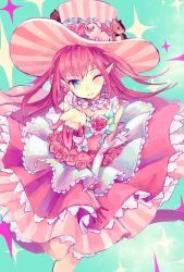 Rule 34 | 1girl, absurdres, bare shoulders, blue eyes, blush, commentary, detached sleeves, dragon girl, dragon tail, dress, earrings, elizabeth bathory (fate), elizabeth bathory (fate/extra ccc), elizabeth bathory (third ascension) (fate), fate/grand order, fate (series), fingernails, flower, hat, head tilt, highres, jewelry, leg up, long fingernails, mitu-yuki, one eye closed, parted lips, pink hair, pointy ears, rose, solo, striped clothes, striped dress, striped headwear, stuffed animal, stuffed pig, stuffed seal, stuffed toy, tail, top hat, vertical-striped clothes, vertical-striped dress, vertical-striped headwear, wrist cuffs