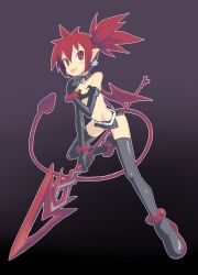 Rule 34 | 1girl, bare shoulders, bat wings, blush, demon girl, demon tail, disgaea, earrings, elbow gloves, elder spear, etna (disgaea), flat chest, full body, gloves, holding, holding polearm, holding spear, holding weapon, jewelry, makai senki disgaea, microskirt, muu (mumumer), navel, pointy ears, polearm, red eyes, red hair, simple background, skirt, solo, spear, tail, thighhighs, tongue, tongue out, twintails, weapon, wings