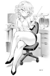 Rule 34 | 1girl, blush, breasts, chair, coffee mug, collarbone, crossed legs, cup, curly hair, greyscale, high heels, highres, looking at viewer, mogudan, monochrome, mug, one-punch man, pencil skirt, shirt, sitting, skirt, small breasts, smile, stick, tatsumaki, thick thighs, thighs