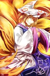 Rule 34 | 1girl, blonde hair, commentary request, dress, fox girl, fox tail, from side, hat, kitsune, kutsuki kai, long sleeves, mob cap, multiple tails, one-hour drawing challenge, short hair, solo, tabard, tail, touhou, white dress, white hat, wide sleeves, yakumo ran, yellow eyes