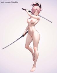 Rule 34 | 1girl, asymmetrical hair, aztodio, breasts, censored, closed mouth, commentary, completely nude, earrings, fate (series), full body, grey background, grey eyes, holding, holding sword, holding weapon, jewelry, katana, looking at viewer, medium breasts, medium hair, miyamoto musashi (fate), mosaic censoring, multiple swords, navel, nipples, nude, patreon username, pink hair, pussy, single sidelock, solo, sword, weapon