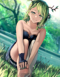 Rule 34 | 1girl, absurdres, advarcher, antlers, bare shoulders, barefoot, blue dress, blurry, blurry background, braid, braided bangs, breasts, ceres fauna, cleavage, dress, fingerless gloves, flower, gloves, gold trim, green hair, green nails, hair flower, hair ornament, highres, hololive, hololive english, horns, huge filesize, large breasts, looking at viewer, medium hair, mole, mole under eye, nail polish, nature, on ground, outdoors, single braid, single thighhigh, sitting, solo, strapless, strapless dress, thighhighs, virtual youtuber, white thighhighs, yellow eyes