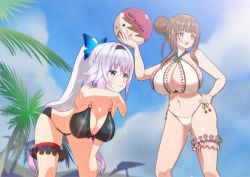 Rule 34 | .live, 2girls, alternate breast size, ball, beach, beachball, bent over, blue eyes, breasts, brown hair, carro pino, cleavage, collarbone, commentary request, gradient hair, hair ornament, headband, kakyouin chieri, large breasts, long hair, looking to the side, multicolored hair, multiple girls, ponytail, purple eyes, purple hair, silver hair, virtual youtuber