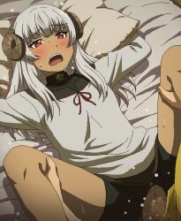 Rule 34 | 1boy, 1girl, arms up, bare legs, bed, bed sheet, black shorts, blush, brown horns, censored, chiyu mahou no machigatta tsukaikata, clothed sex, commentary request, curled horns, feet out of frame, felm (chiyu mahou no machigatta tsukaikata), hands out of frame, hetero, horns, leg grab, long hair, lying, missionary, mosaic censoring, on back, open mouth, pants, pillow, pillow grab, pussy, red eyes, sex, shirt, shorts, sweat, sweatdrop, tan, teeth, thighs, tomu (tomubobu), torn clothes, torn pants, torogao, upper teeth only, usato ken, vaginal, white hair, white pilow, white sheet, white shirt