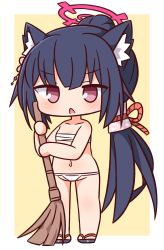 Rule 34 | 1girl, animal ear fluff, animal ears, bare arms, bare shoulders, black footwear, black hair, blue archive, blush, broom, brown background, chibi, full body, groin, halo, hana kazari, highres, holding, holding broom, long hair, looking at viewer, navel, open mouth, panties, ponytail, purple eyes, sandals, sarashi, serika (blue archive), solo, standing, two-tone background, underwear, very long hair, white background, white panties, zouri