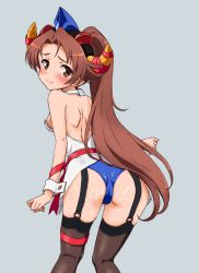 Rule 34 | 10s, 1girl, ass, bare shoulders, brown hair, cum, cum on ass, cum on body, cum on clothes, cum on lower body, gai-chan, gaiking, garter straps, highres, horns, long hair, looking at viewer, looking back, panties, ponytail, robot girls z, smile, solo, thigh strap, thighhighs, underwear, wet, wet clothes, wet panties, zouni (xavier)