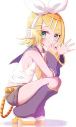 Rule 34 | 1girl, aqua eyes, bare shoulders, belt, blonde hair, bow, breasts, crop top, detached sleeves, green eyes, hair bow, hair ornament, hairclip, headphones, headset, highres, kagamine rin, leg warmers, light blush, looking at viewer, midriff, neckerchief, nnc225, orange belt, purple sailor collar, purple shorts, purple sleeves, sailor collar, shirt, short hair, shorts, sideboob, skinny, sleeveless, sleeveless shirt, small breasts, smile, solo, squatting, swept bangs, treble clef, tsurime, two-tone belt, vocaloid, white bow, yellow belt, yellow neckerchief